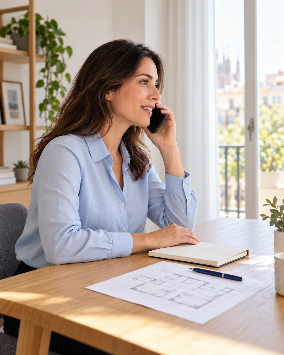 Persona conversando por teléfono sobre un proyecto, con planos y una libreta sobre la mesa